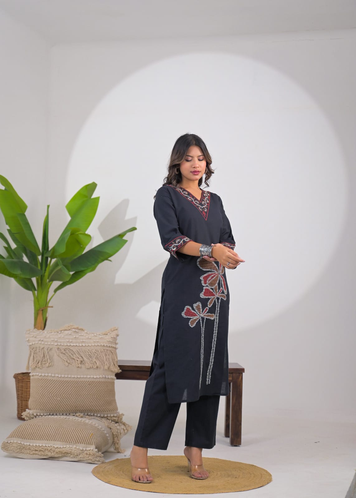Embroidered V-Neck Straight Kurta Pant Set