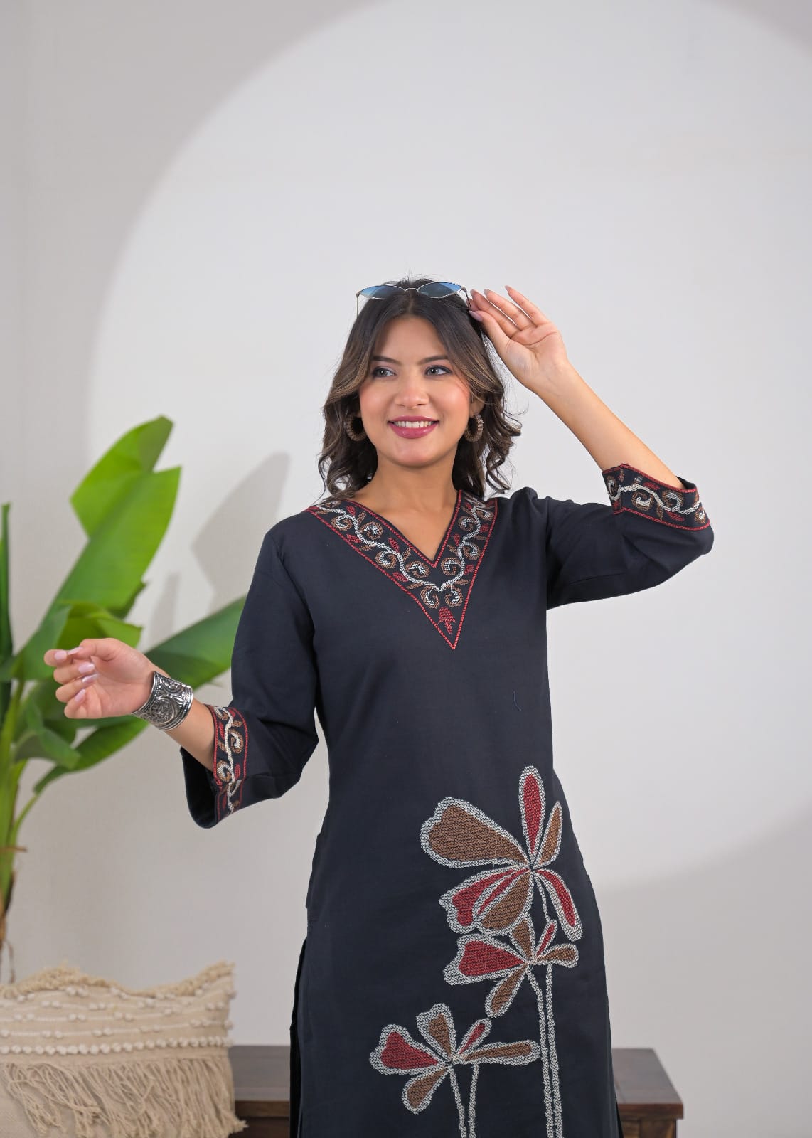 Embroidered V-Neck Straight Kurta Pant Set