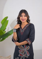Embroidered V-Neck Straight Kurta Pant Set
