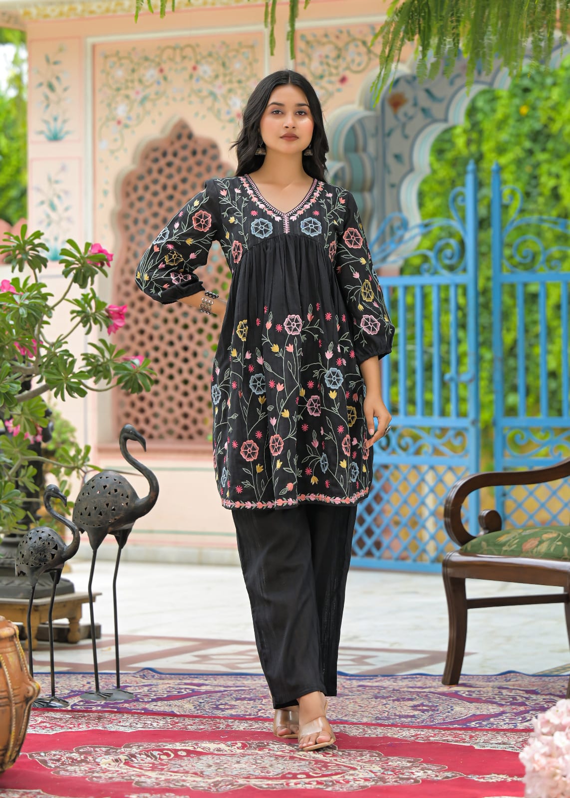 Floral Embroidered Peplum Kurta Pant Set