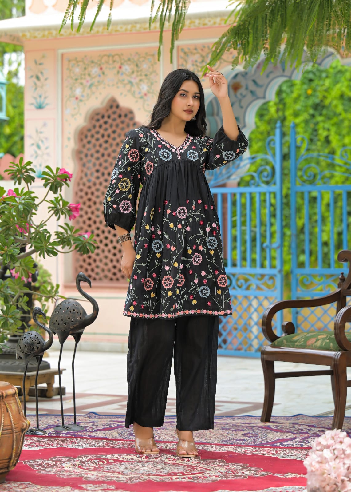 Floral Embroidered Peplum Kurta Pant Set