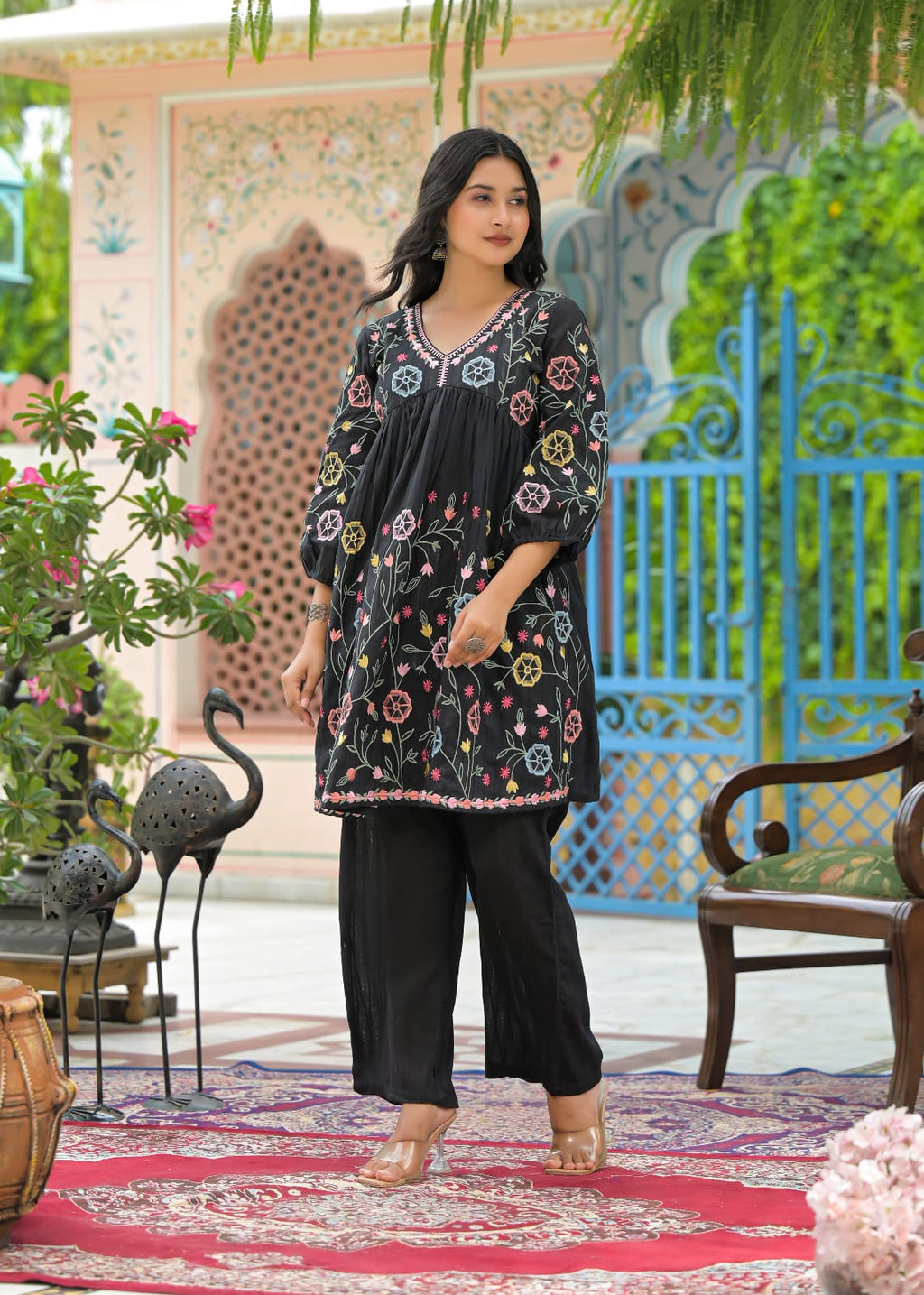 Floral Embroidered Peplum Kurta Pant Set