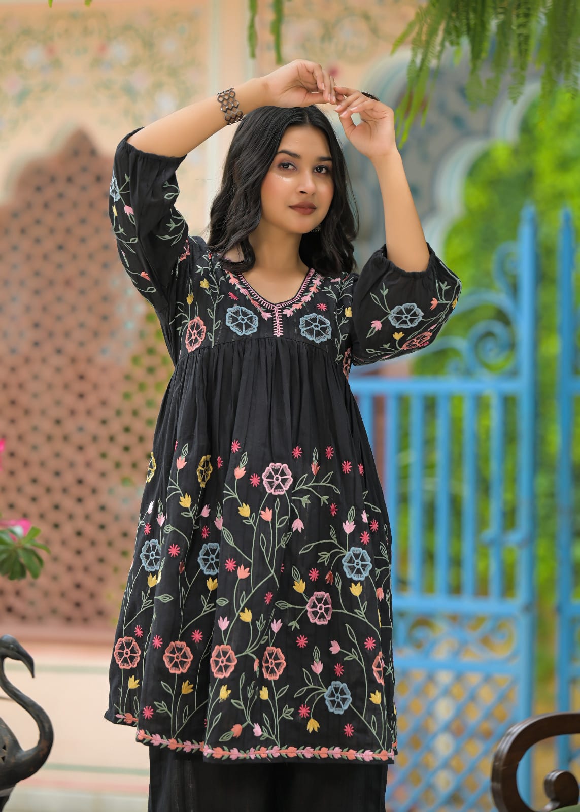 Floral Embroidered Peplum Kurta Pant Set