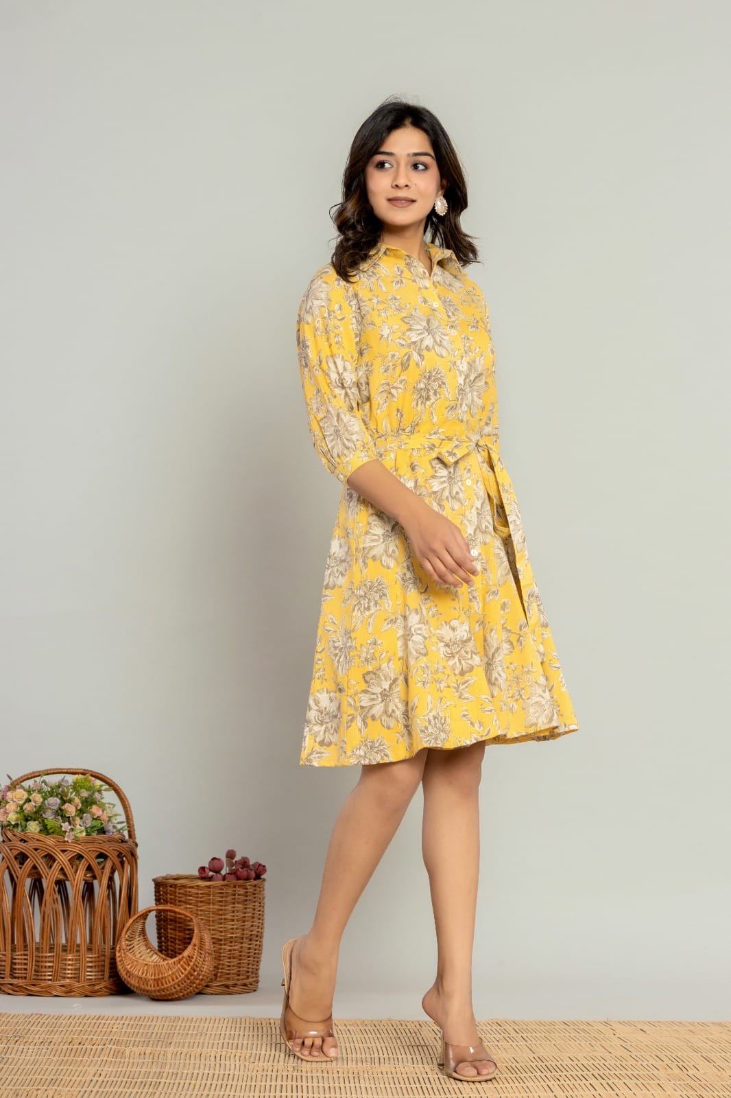 Floral Printed Shirt Collar Fit & Flare Dress