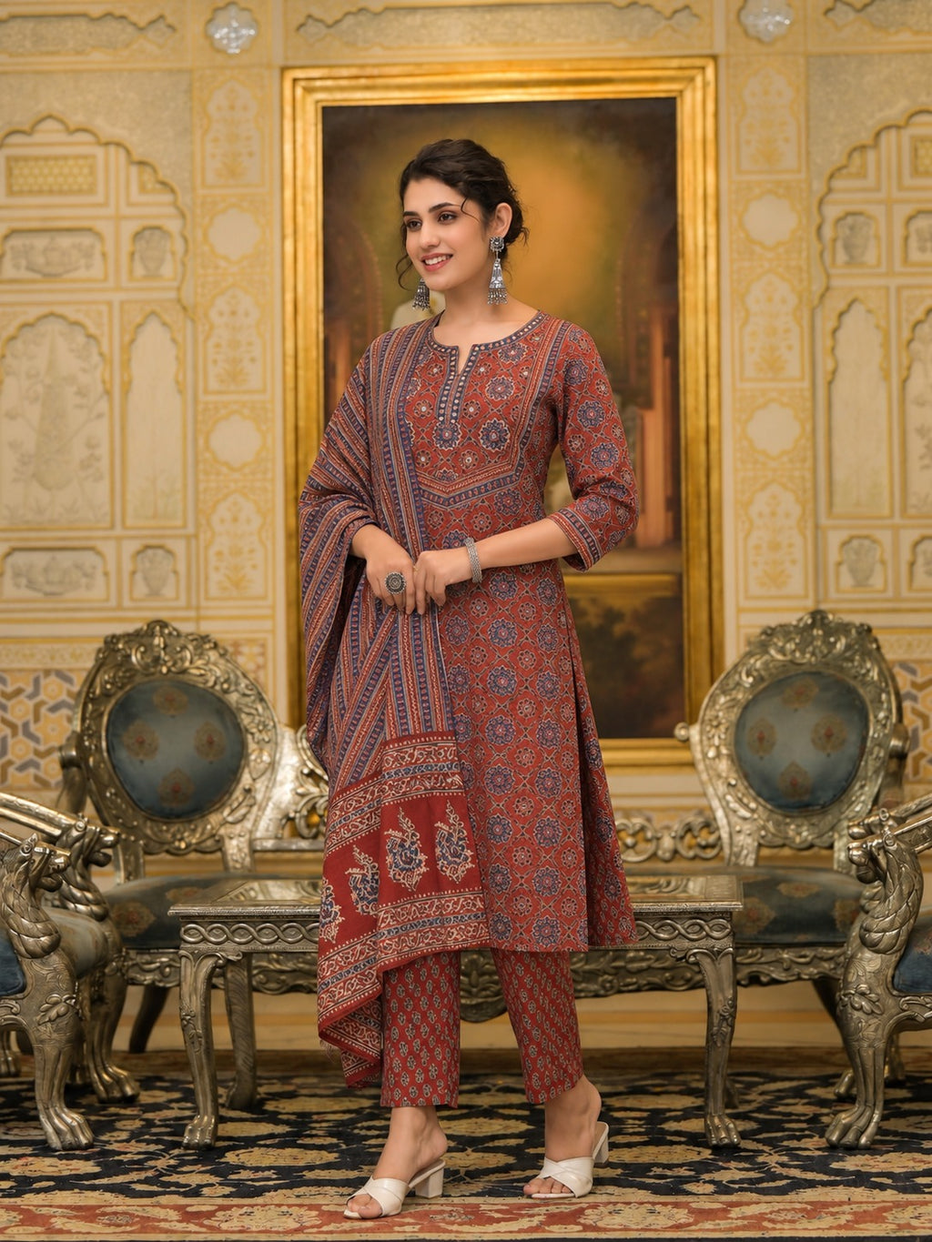 Traditional Ethnic Jaal & Floral Boota Print 3 Piece Kurta Set