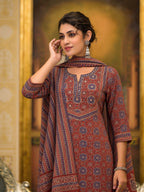 Traditional Ethnic Jaal & Floral Boota Print 3 Piece Kurta Set