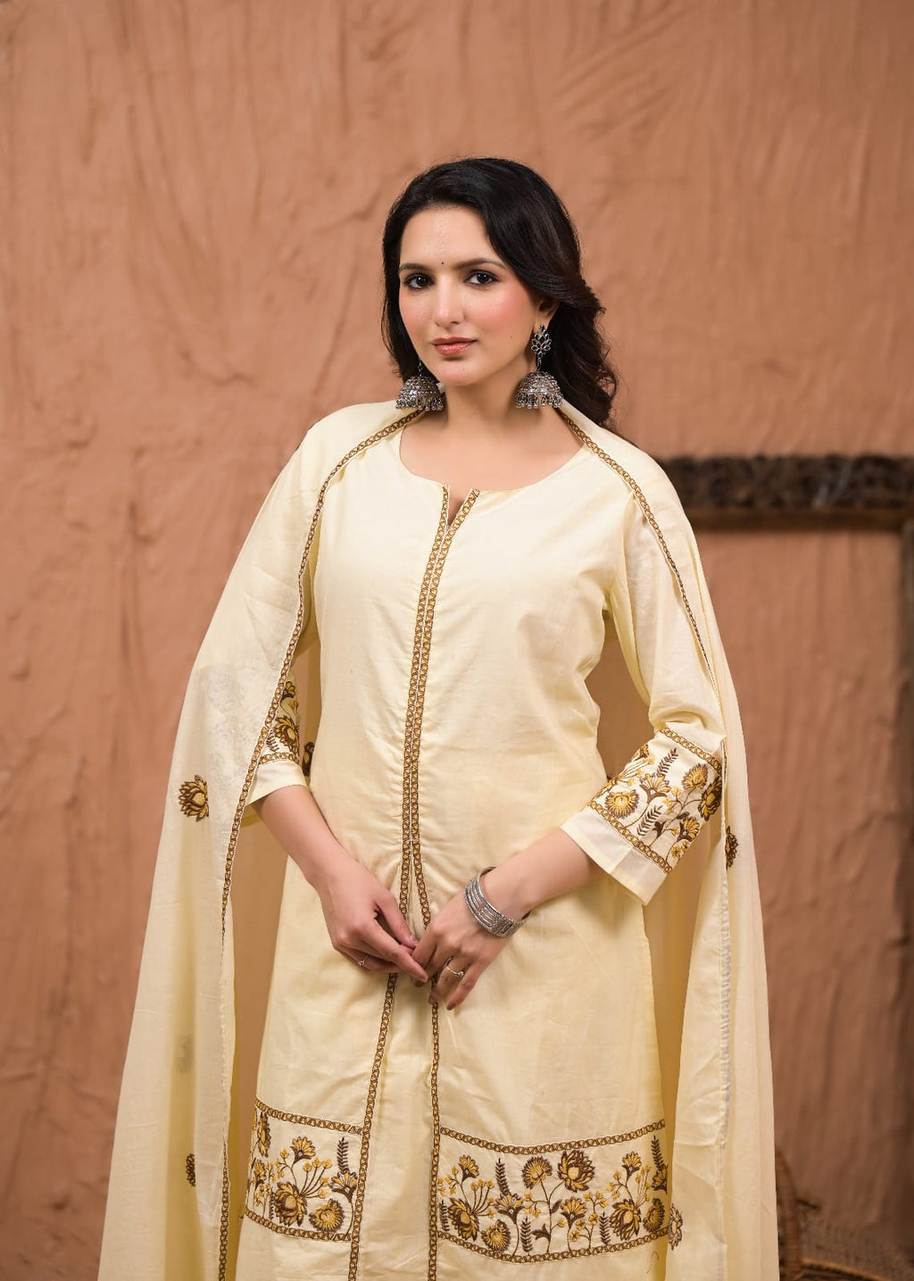 Floral Embroidered Kurta Palazzo with Dupatta Set