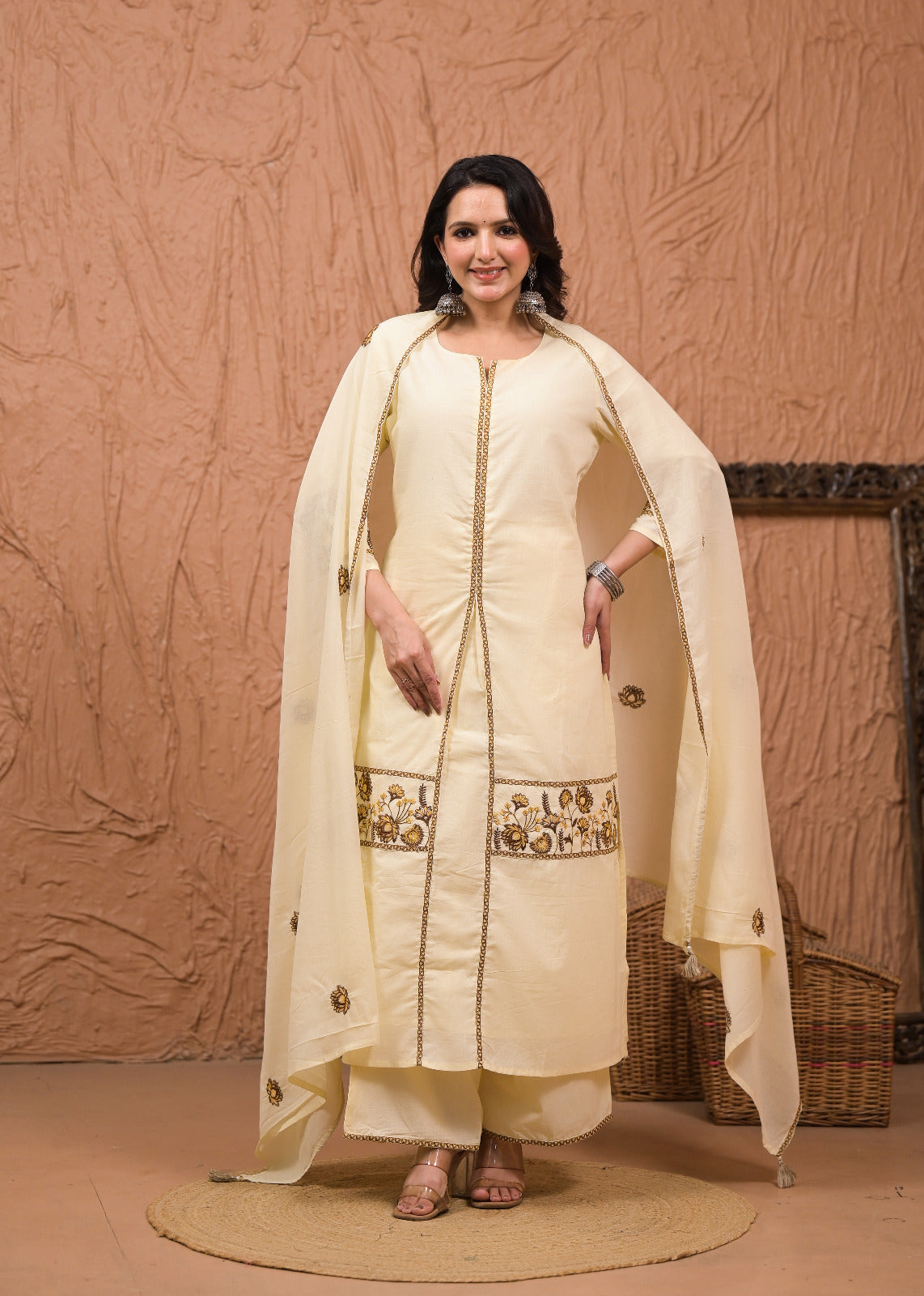 Floral Embroidered Kurta Palazzo with Dupatta Set