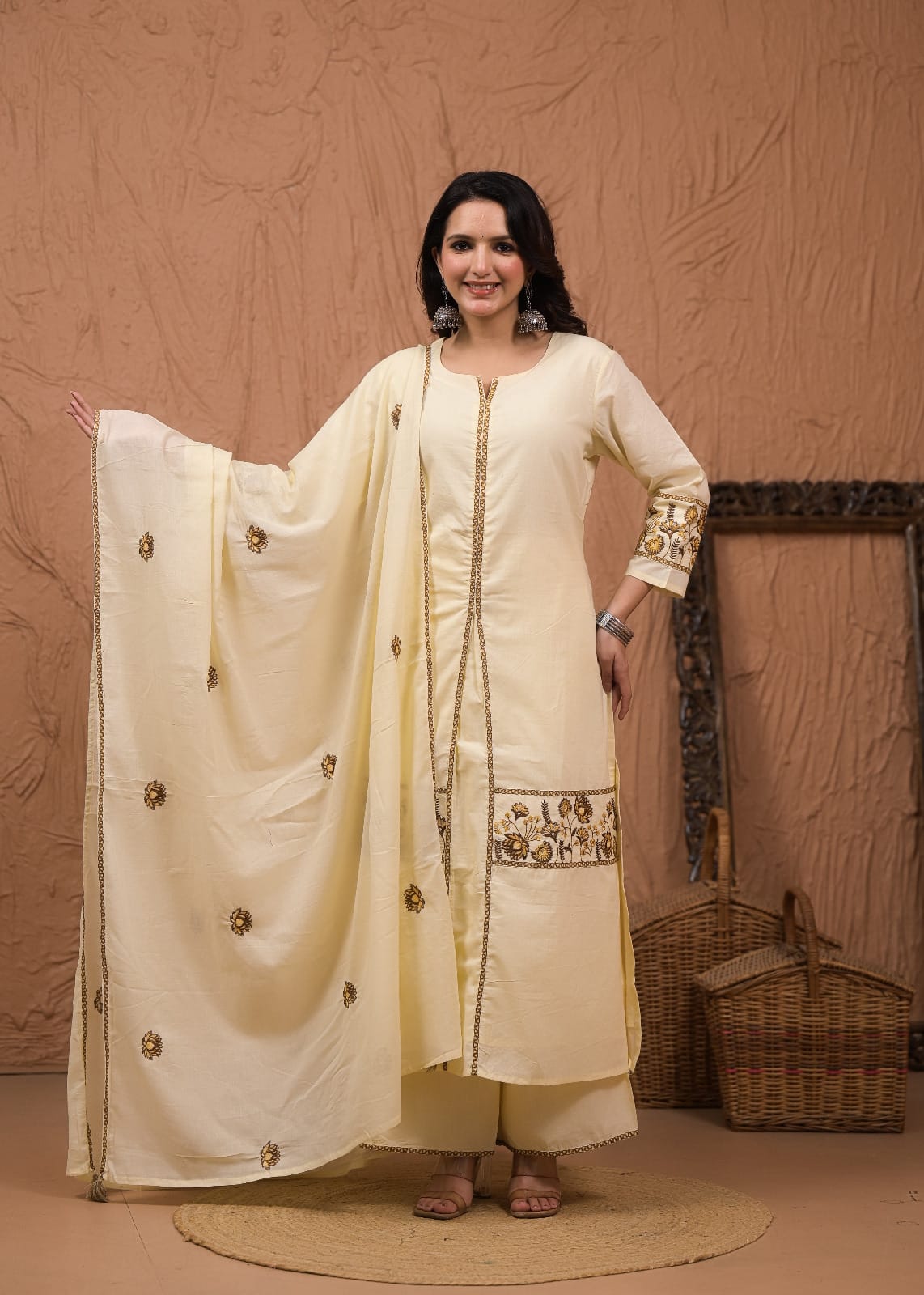 Floral Embroidered Kurta Palazzo with Dupatta Set
