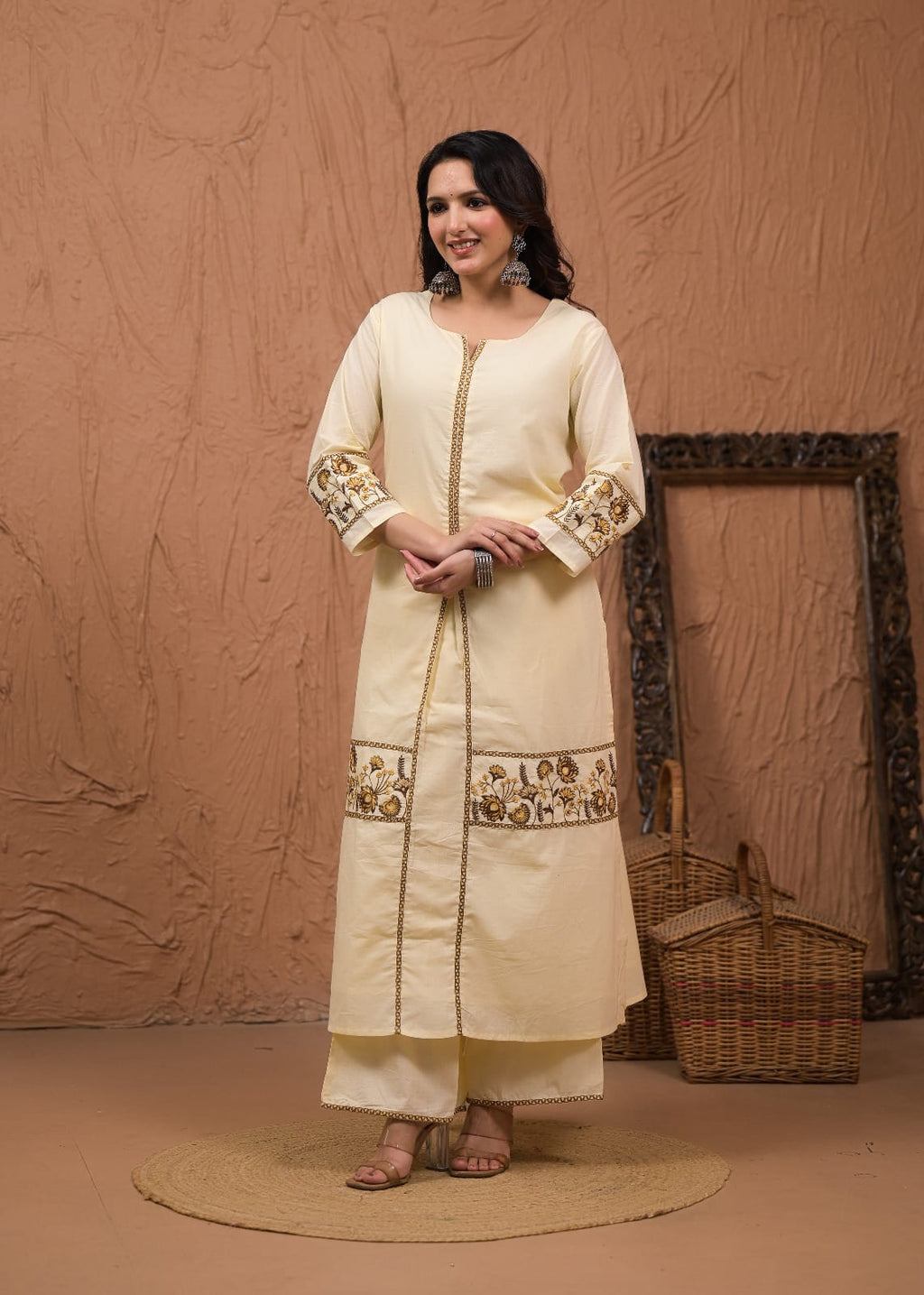 Floral Embroidered Kurta Palazzo with Dupatta Set