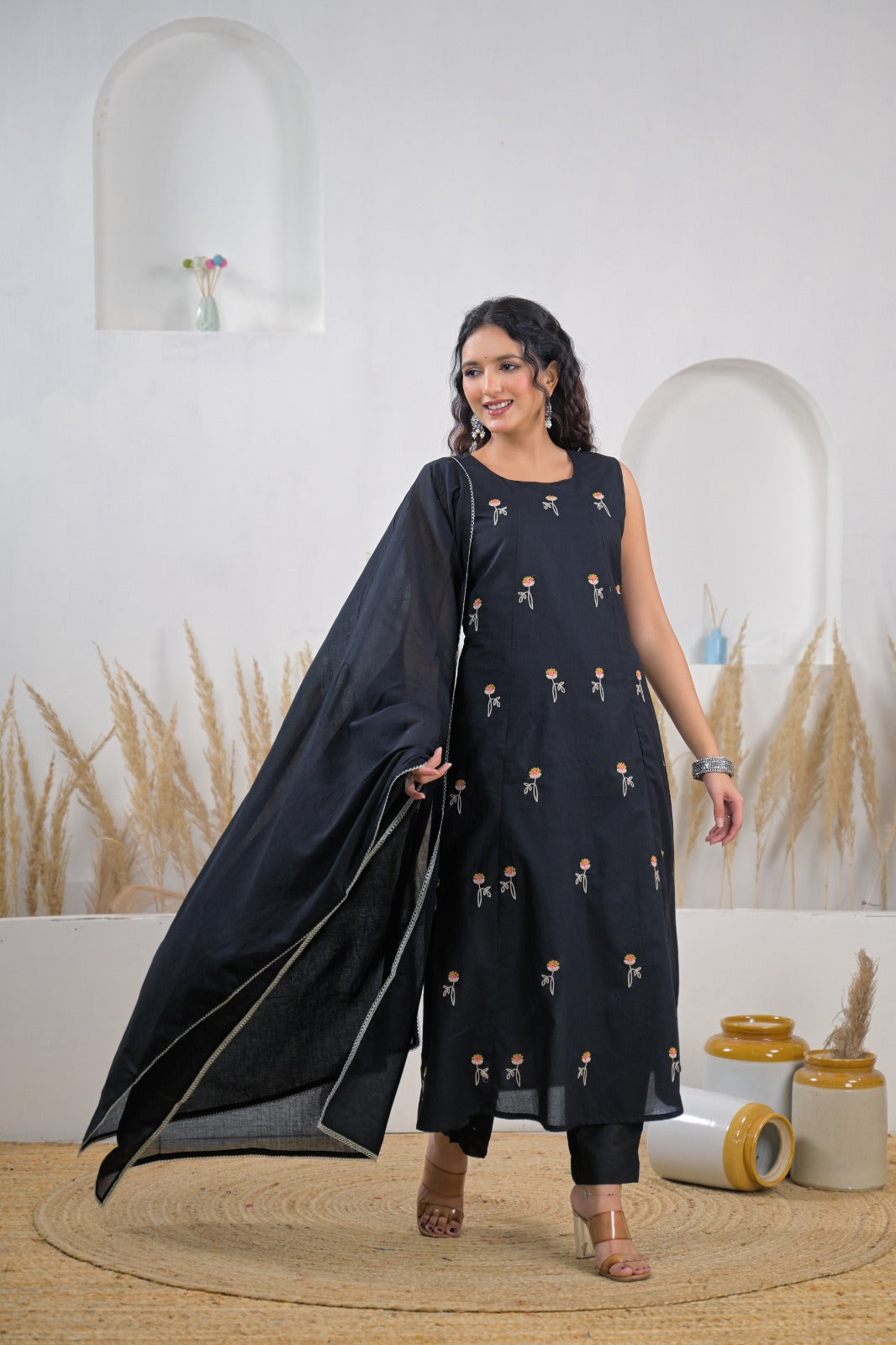 Embroidered Straight Kurta Pant Set with Dupatta