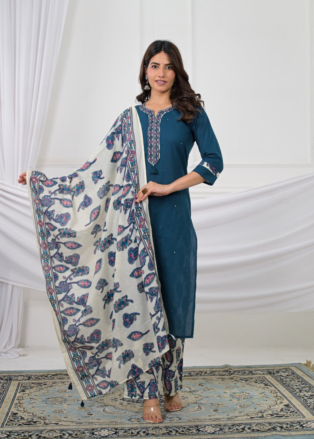Embroidered Kurta with Printed Pant & Dupatta Set