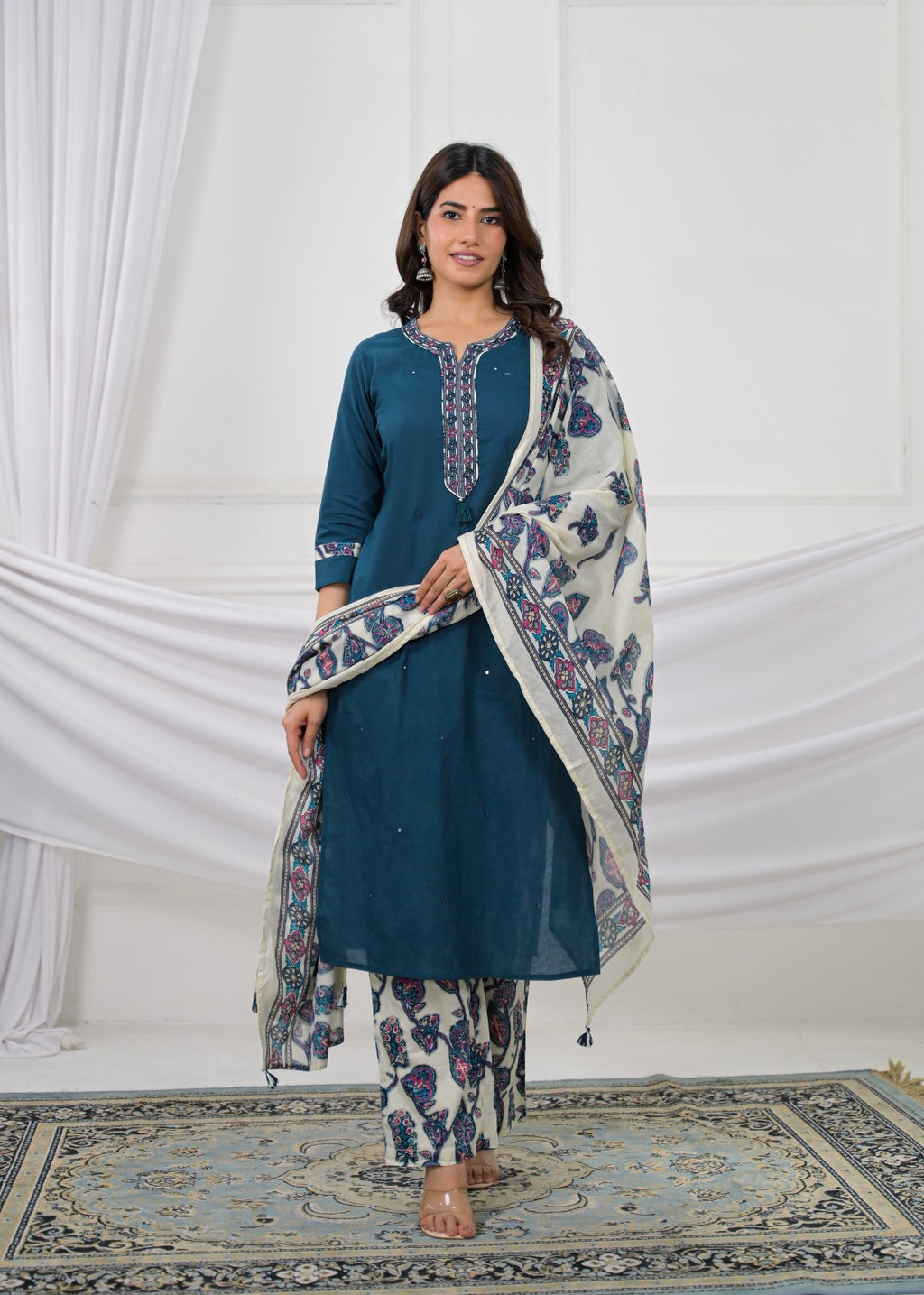 Embroidered Kurta with Printed Pant & Dupatta Set