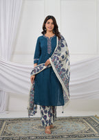 Embroidered Kurta with Printed Pant & Dupatta Set