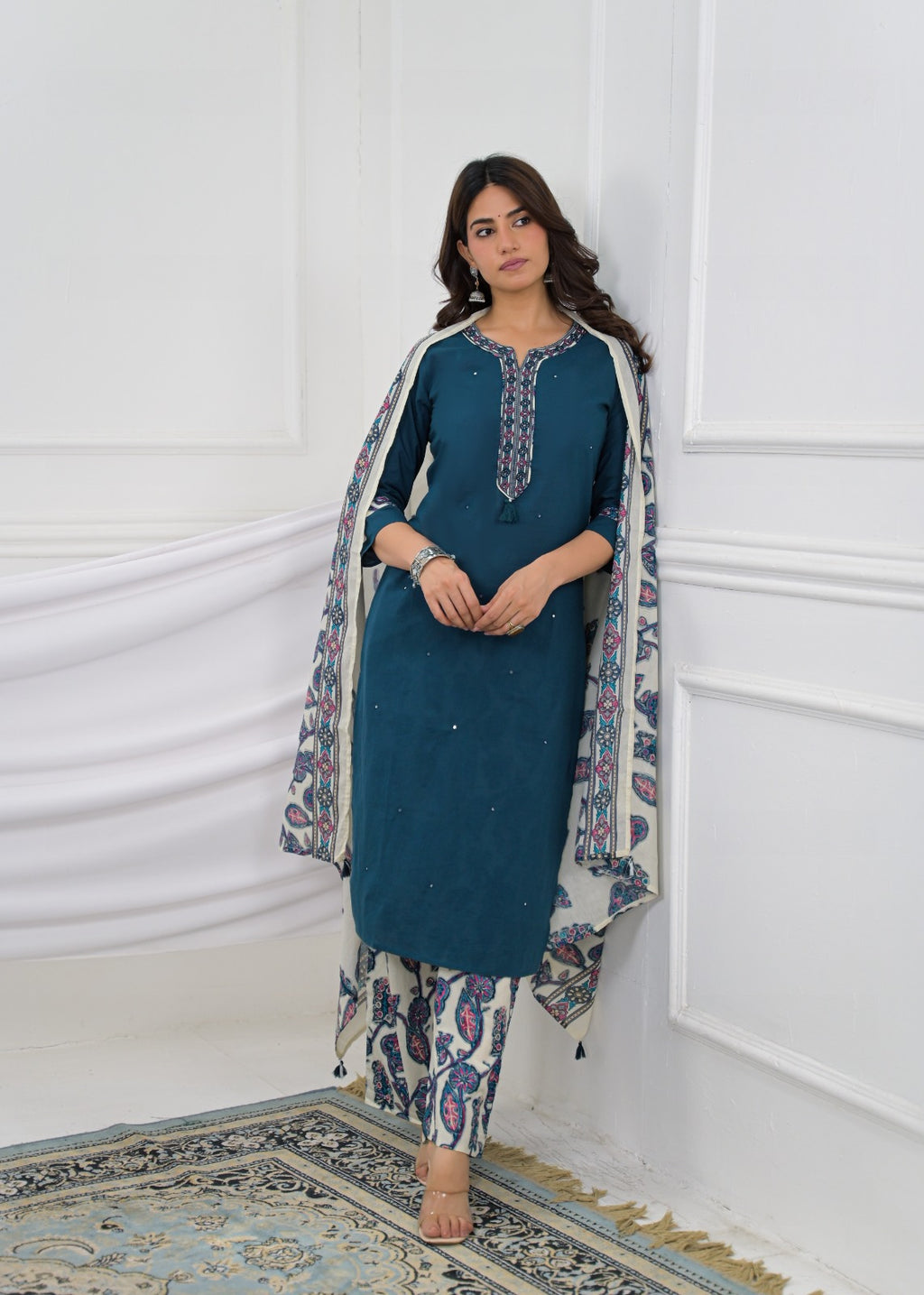 Embroidered Kurta with Printed Pant & Dupatta Set