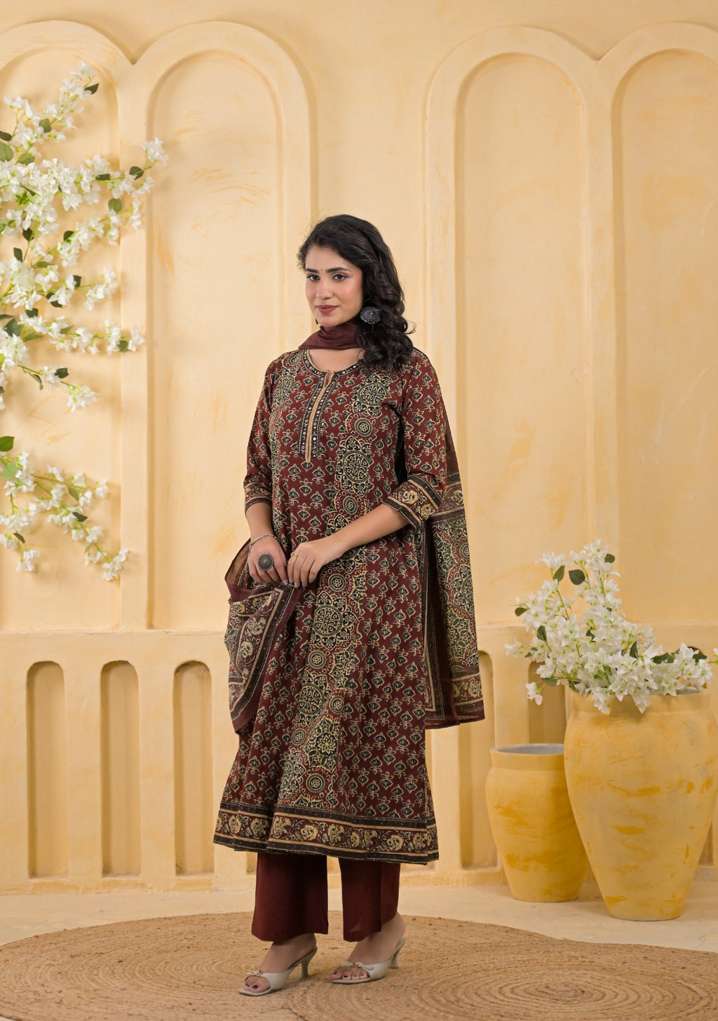 Traditional Ethnic Printed Flared 3-Piece Cotton Kurta Suit Set with Dupatta