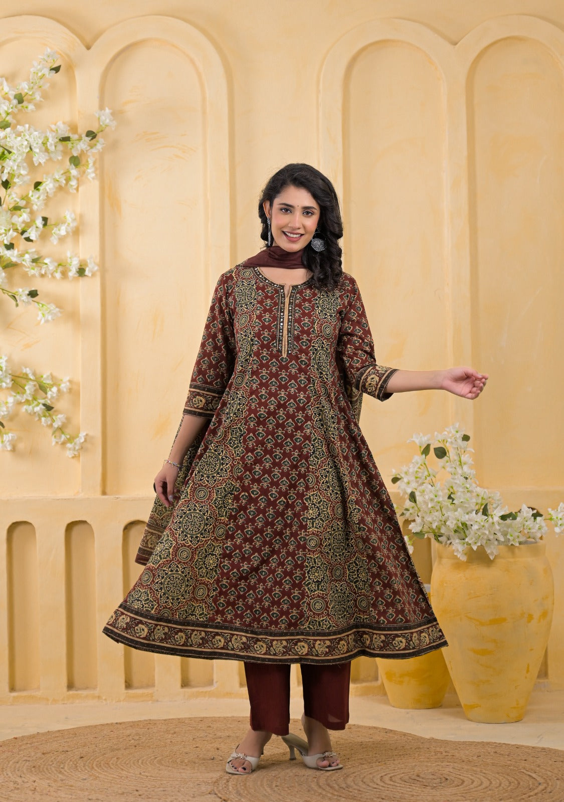 Traditional Ethnic Printed Flared 3-Piece Cotton Kurta Suit Set with Dupatta