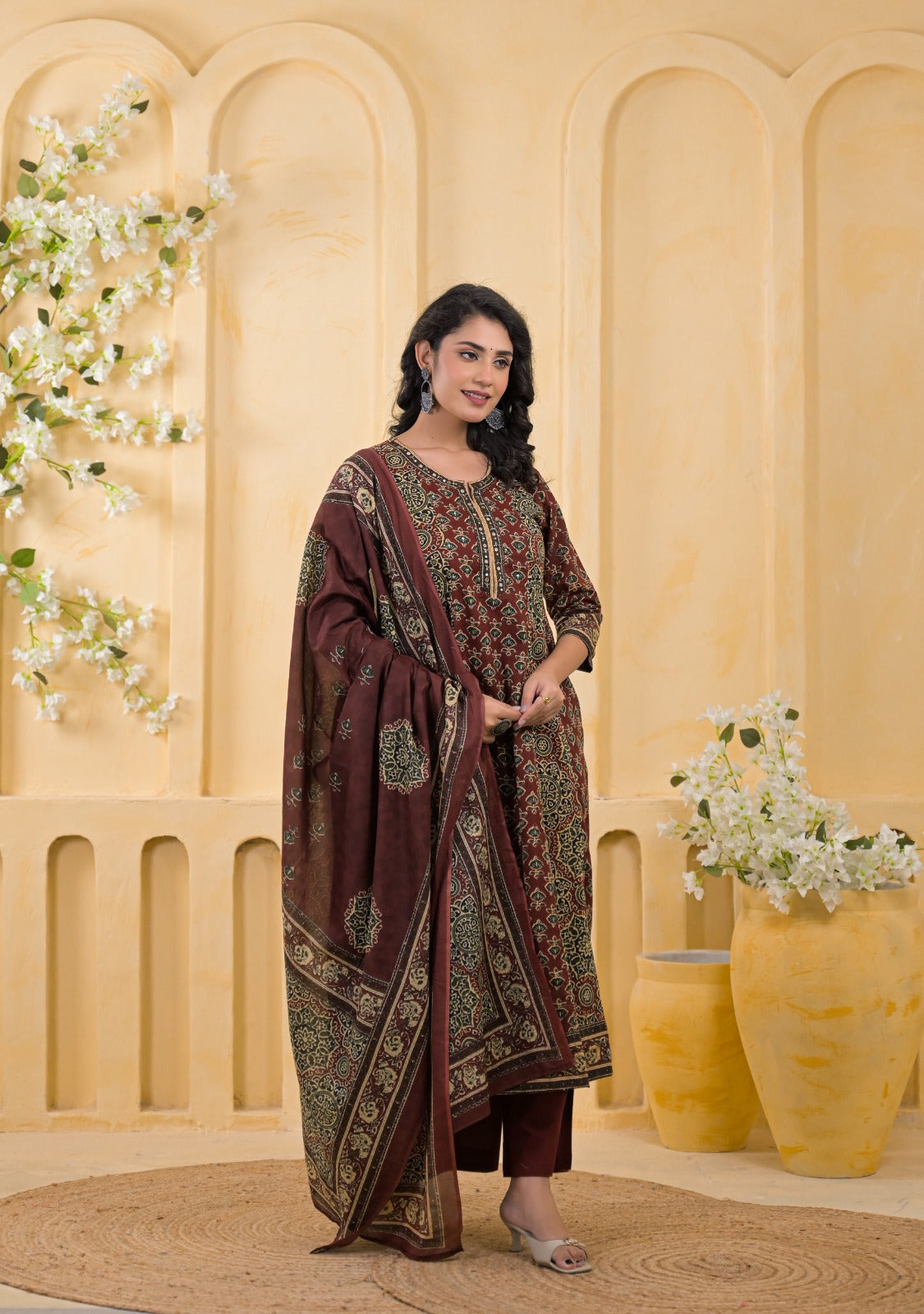Traditional Ethnic Printed Flared 3-Piece Cotton Kurta Suit Set with Dupatta