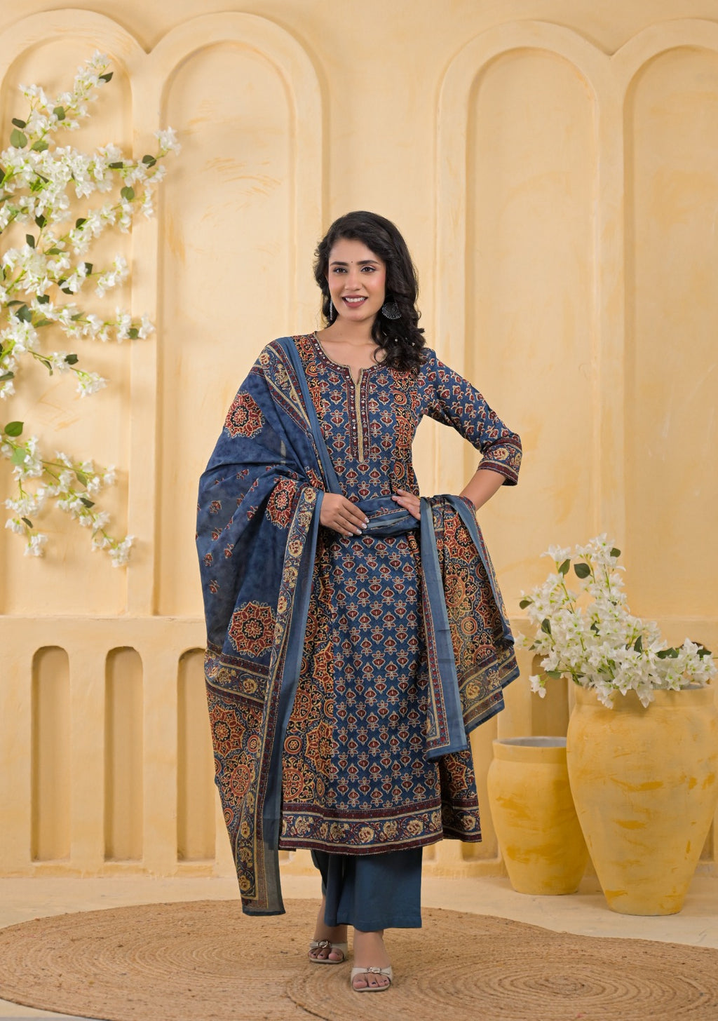 Traditional Ethnic Printed Flared 3-Piece Cotton Kurta Suit Set with Dupatta