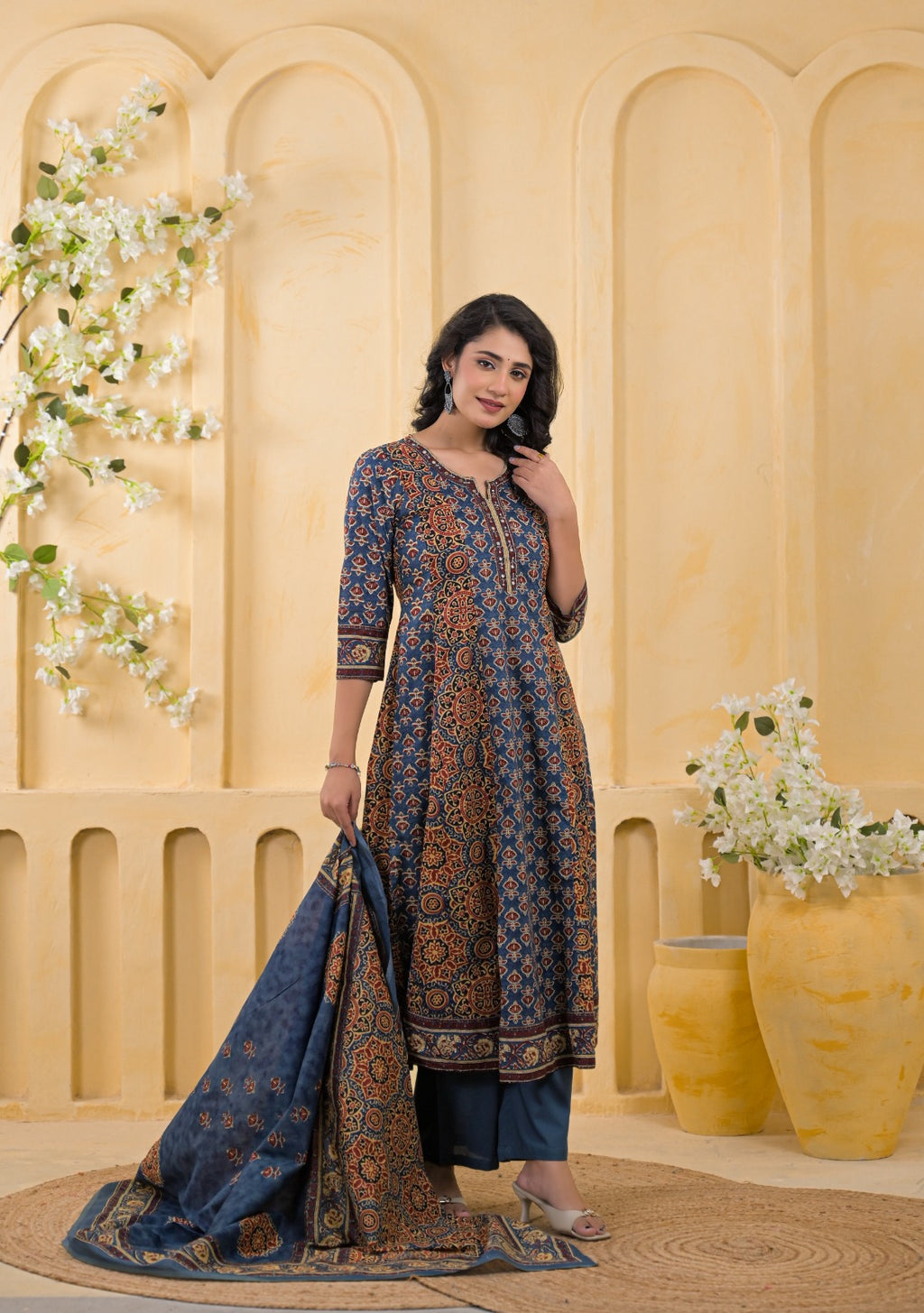 Traditional Ethnic Printed Flared 3-Piece Cotton Kurta Suit Set with Dupatta