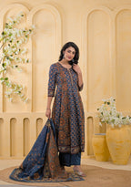Traditional Ethnic Printed Flared 3-Piece Cotton Kurta Suit Set with Dupatta