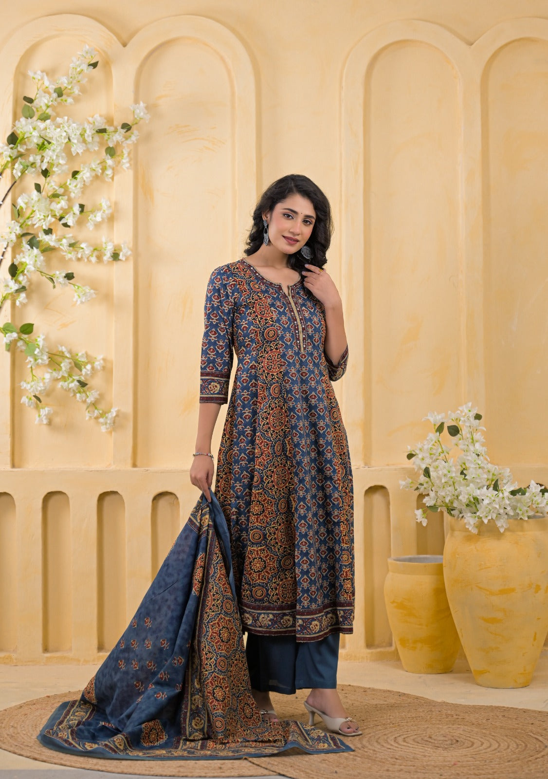 Traditional Ethnic Printed Flared 3-Piece Cotton Kurta Suit Set with Dupatta