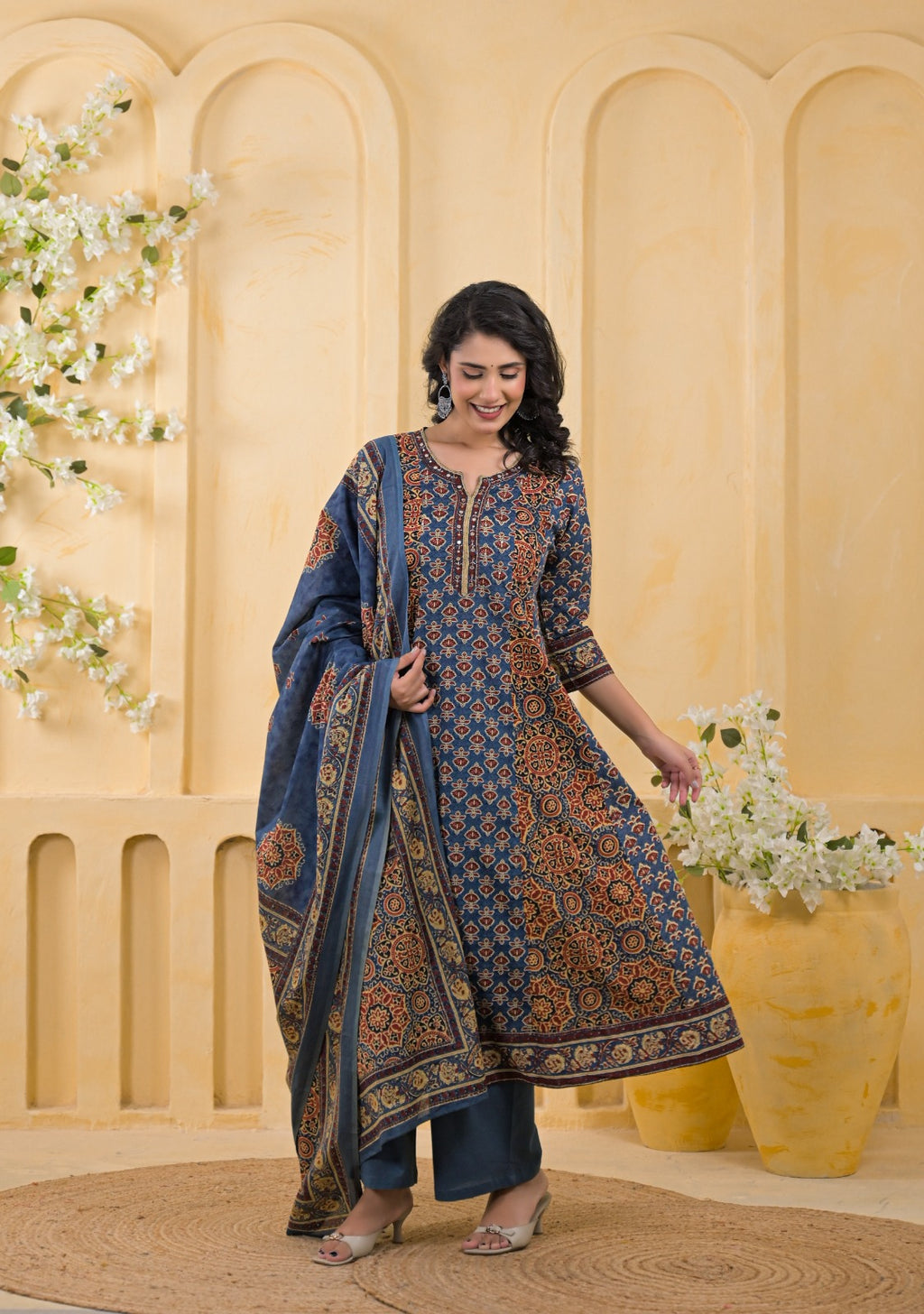 Traditional Ethnic Printed Flared 3-Piece Cotton Kurta Suit Set with Dupatta