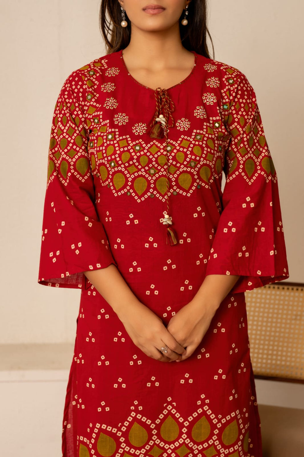 Pure Cotton Bandhani Bell-Sleeve 3-Piece Kurti Set