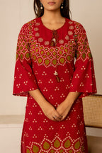 Pure Cotton Bandhani Bell-Sleeve 3-Piece Kurti Set