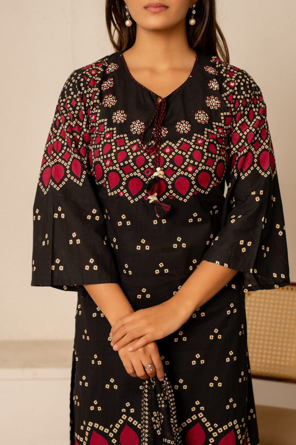 Pure Cotton Bandhani Bell-Sleeve 3-Piece Kurti Set