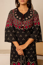 Pure Cotton Bandhani Bell-Sleeve 3-Piece Kurti Set