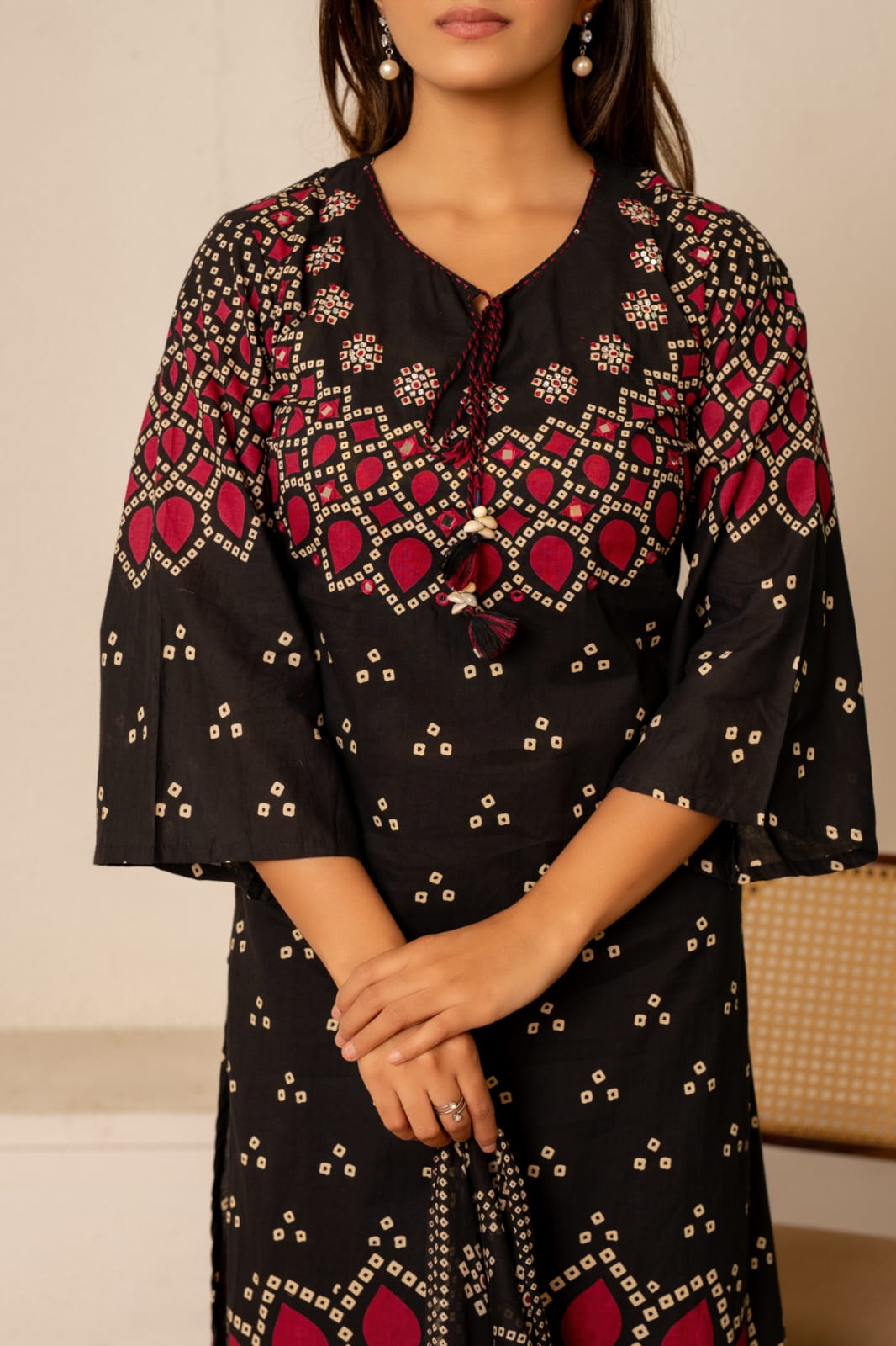 Pure Cotton Bandhani Bell-Sleeve 3-Piece Kurti Set