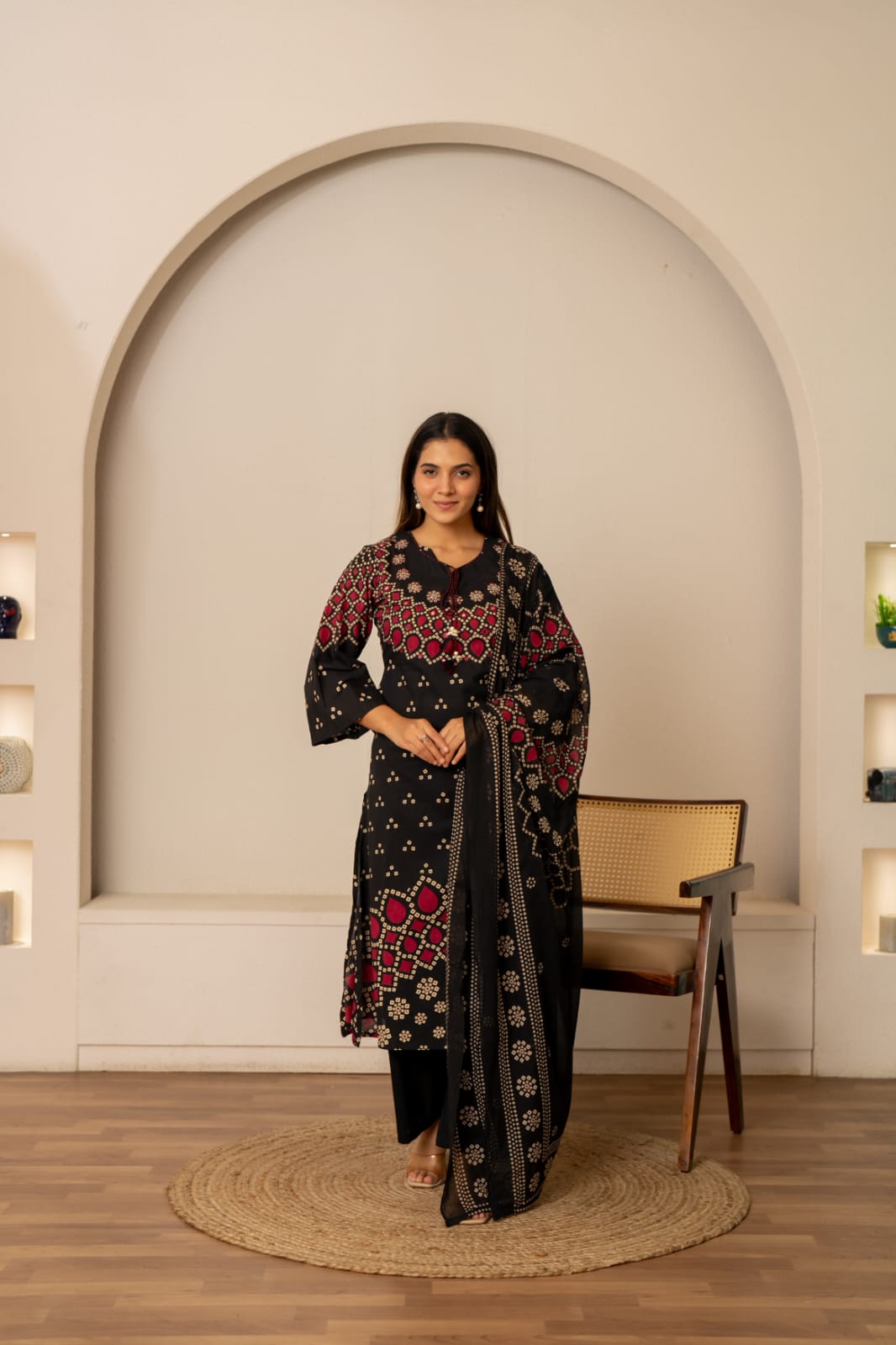 Pure Cotton Bandhani Bell-Sleeve 3-Piece Kurti Set