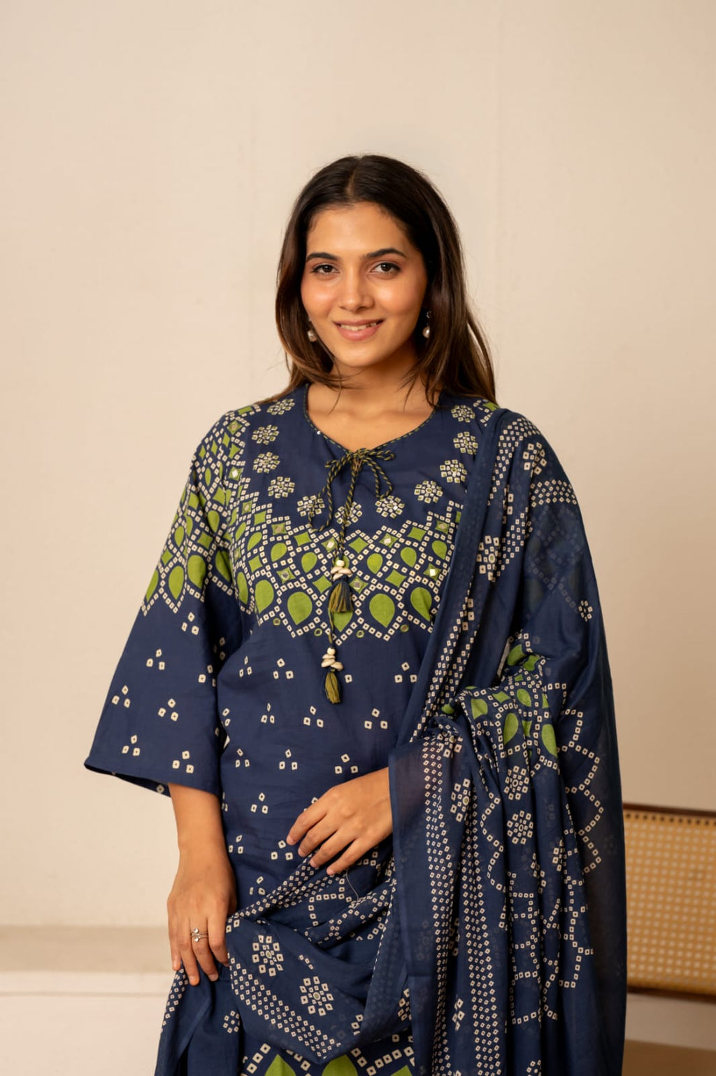 Pure Cotton Bandhani Bell-Sleeve 3-Piece Kurti Set