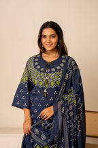 Pure Cotton Bandhani Bell-Sleeve 3-Piece Kurti Set
