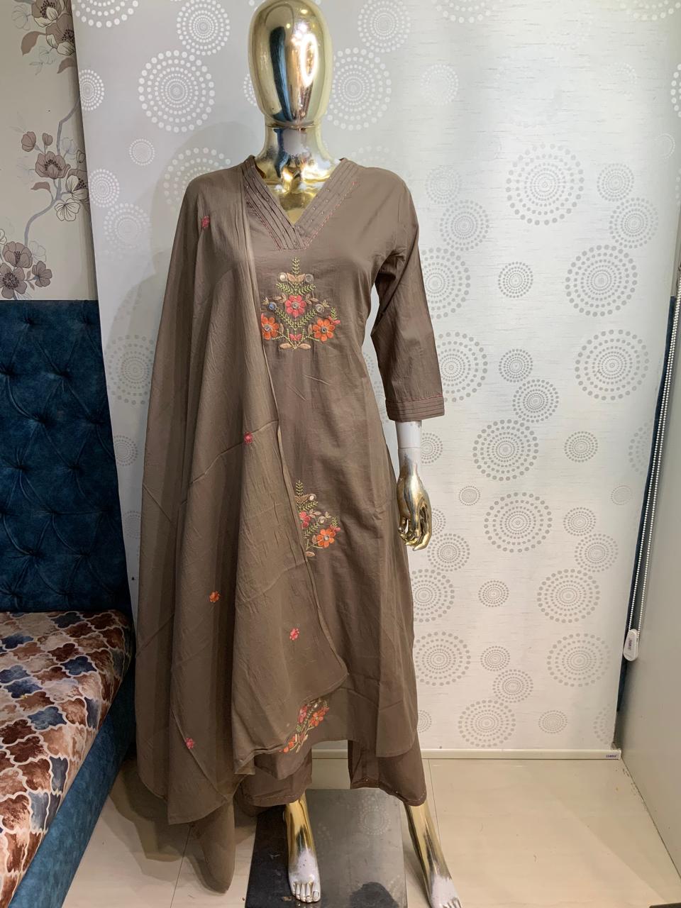 Embroidered V-Neck Straight Kurta Pant with Dupatta Set