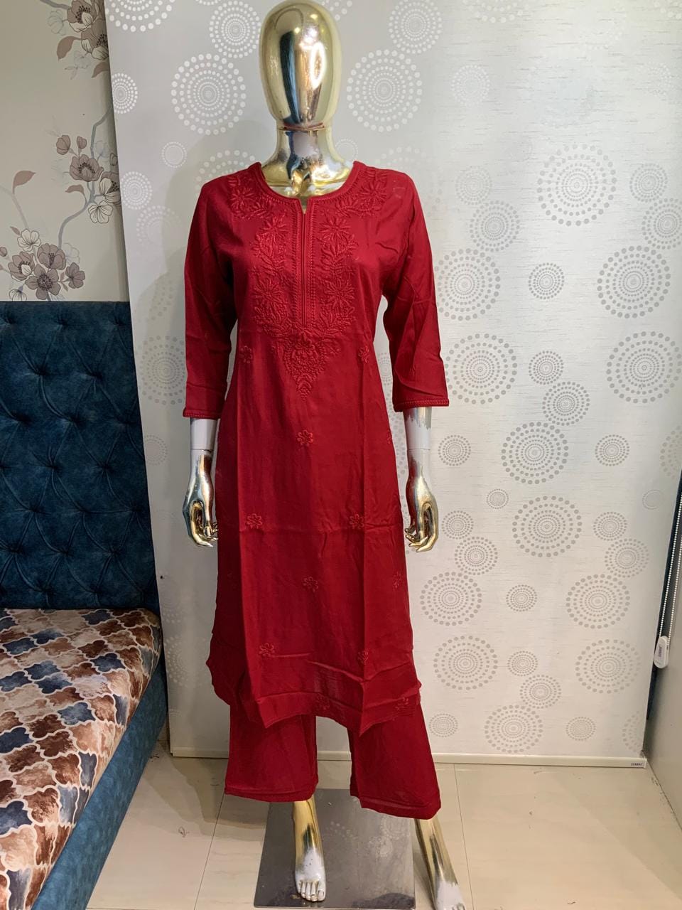 Solid Embroidered Round Neck Straight Kurta with Pant Set