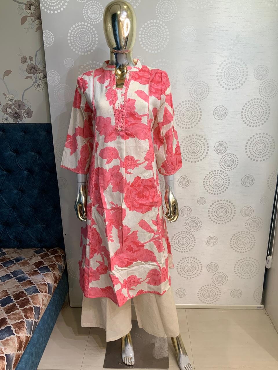 Floral Printed Cotton Kurta with Solid Pant Set