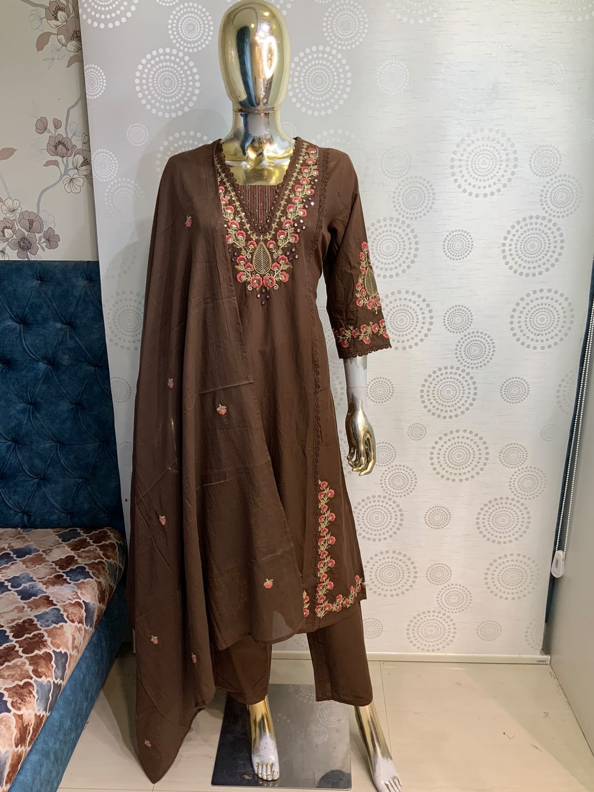 3-Piece Floral Embroidered Straight Kurta Pant and Dupatta Set