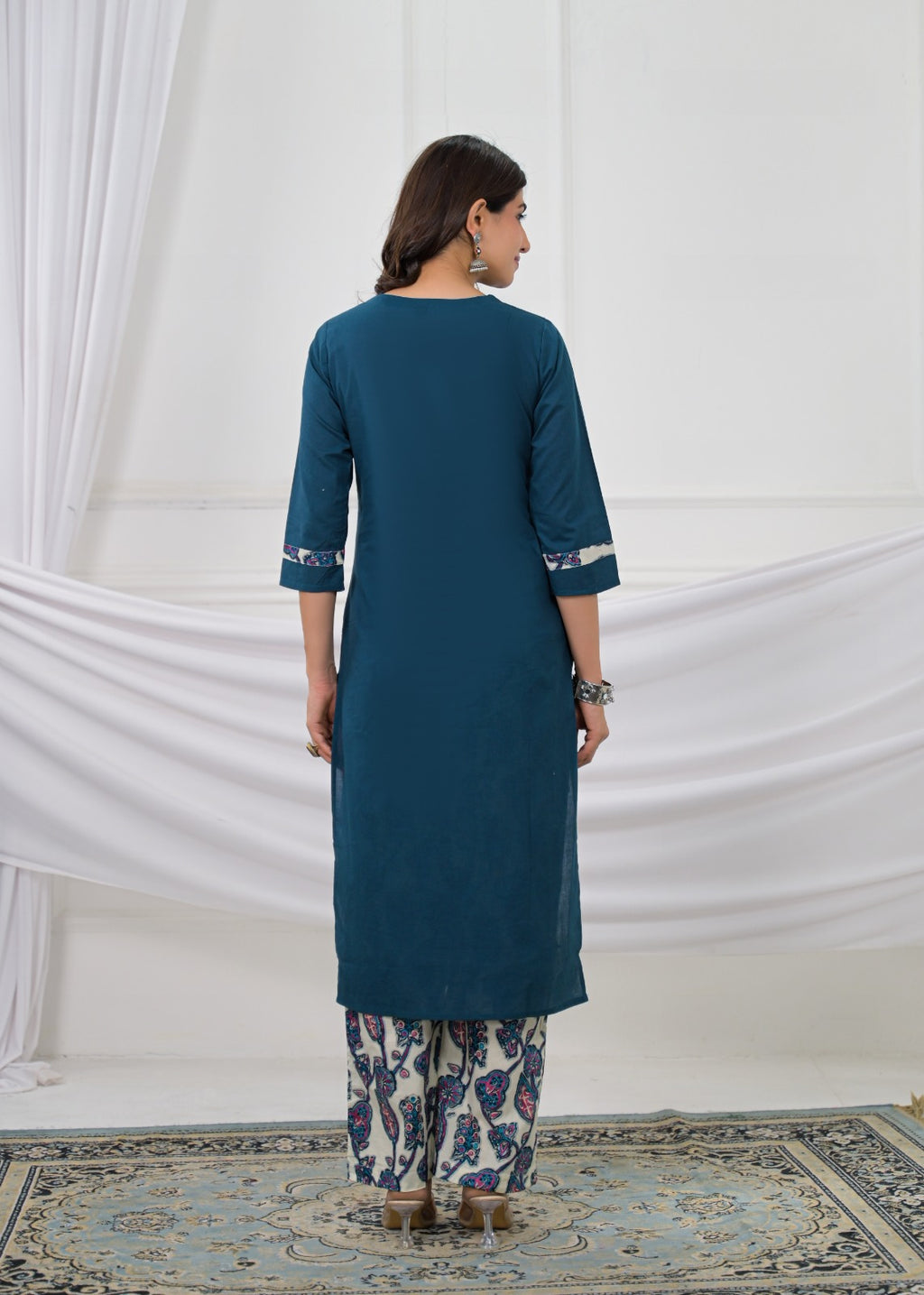 Embroidered Straight Kurta with Printed Palazzo & Dupatta Set