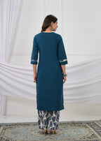 Embroidered Straight Kurta with Printed Palazzo & Dupatta Set