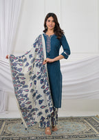 Embroidered Straight Kurta with Printed Palazzo & Dupatta Set