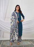 Embroidered Straight Kurta with Printed Palazzo & Dupatta Set