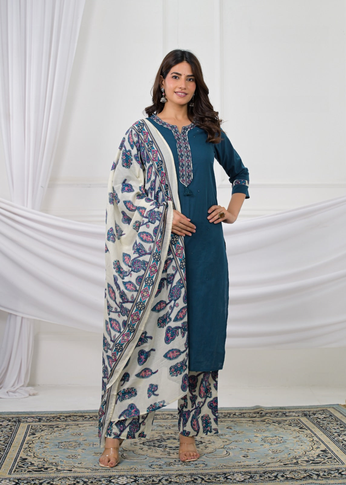 Embroidered Straight Kurta with Printed Palazzo & Dupatta Set