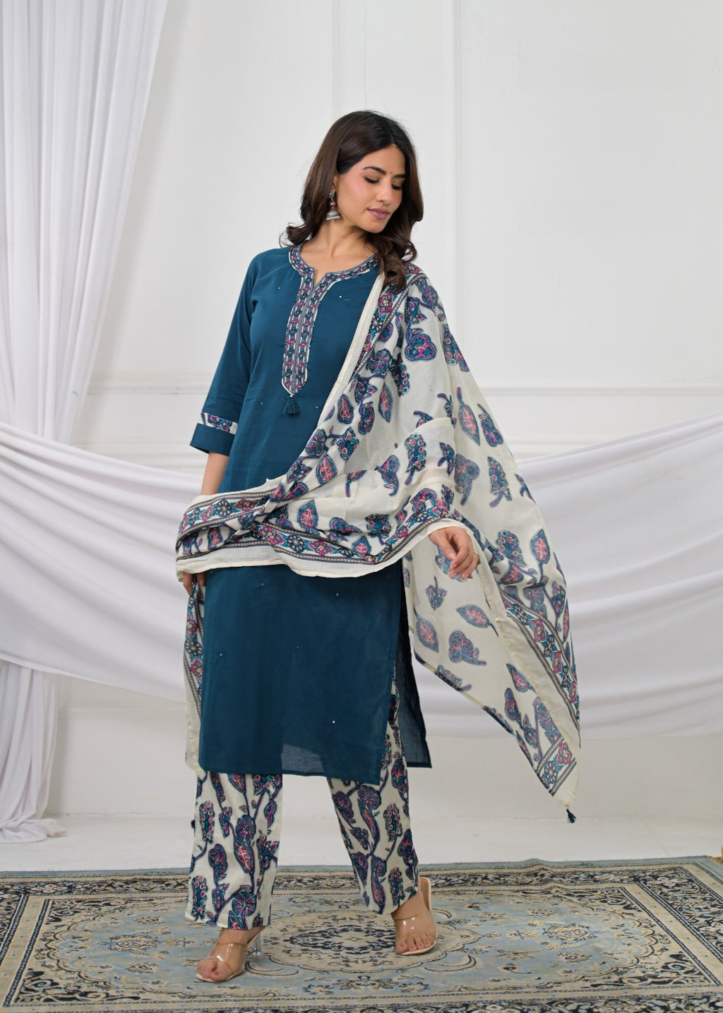 Embroidered Straight Kurta with Printed Palazzo & Dupatta Set