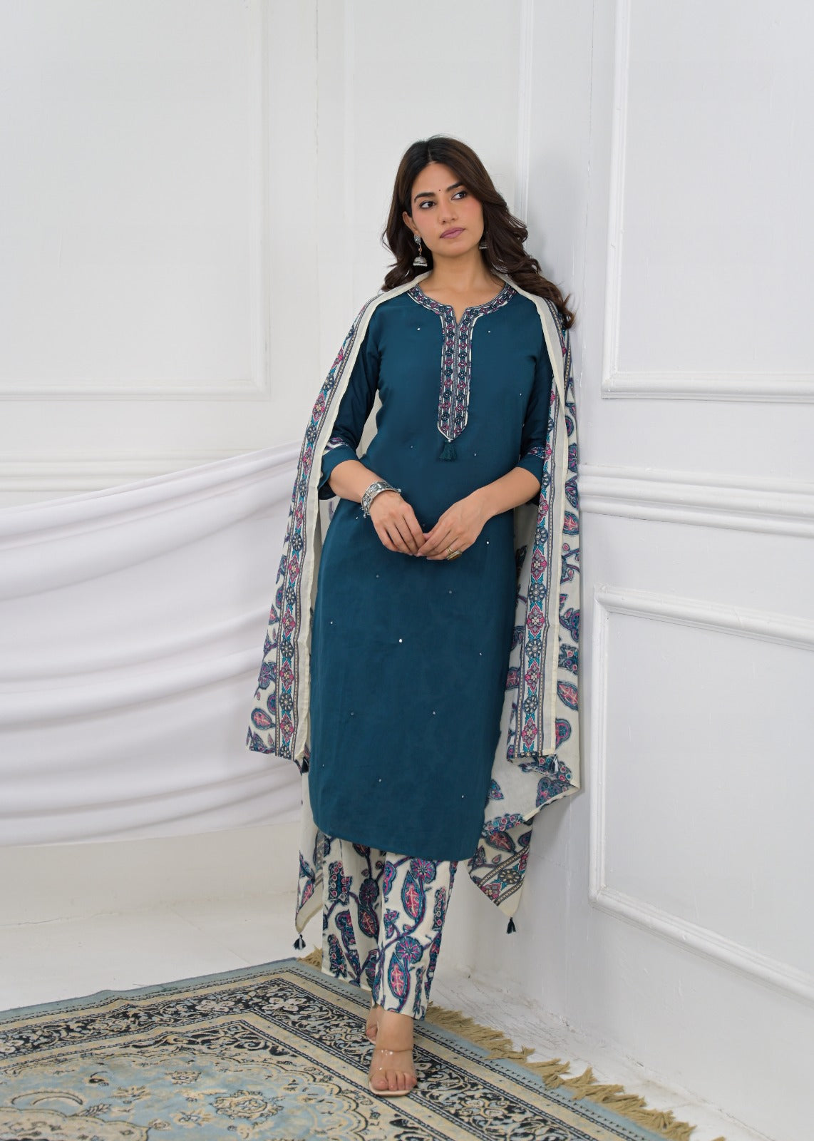 Embroidered Straight Kurta with Printed Palazzo & Dupatta Set