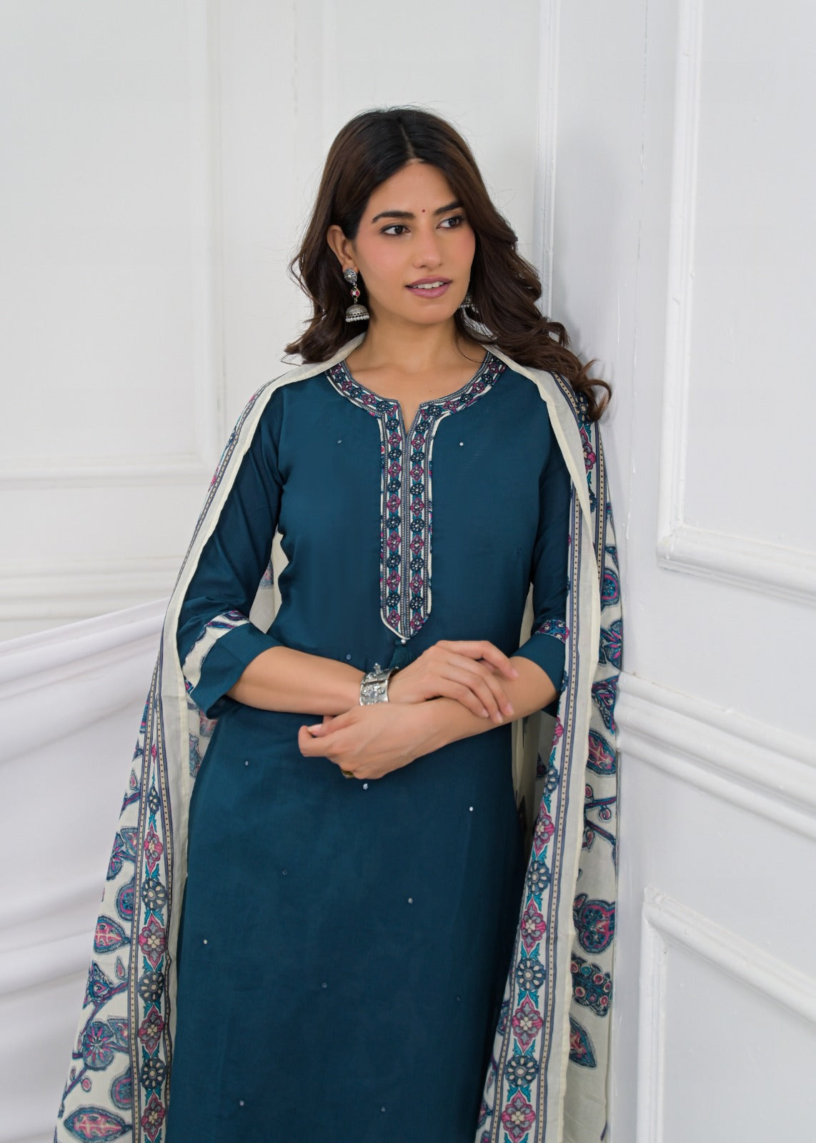 Embroidered Straight Kurta with Printed Palazzo & Dupatta Set