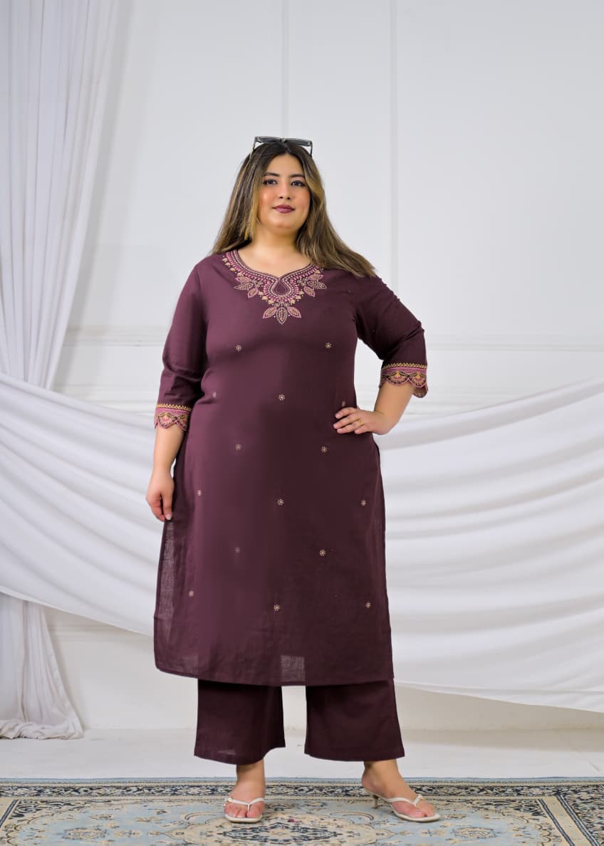 Embroidered Cotton Flex Sweetheart Neck Kurta & Pant Set