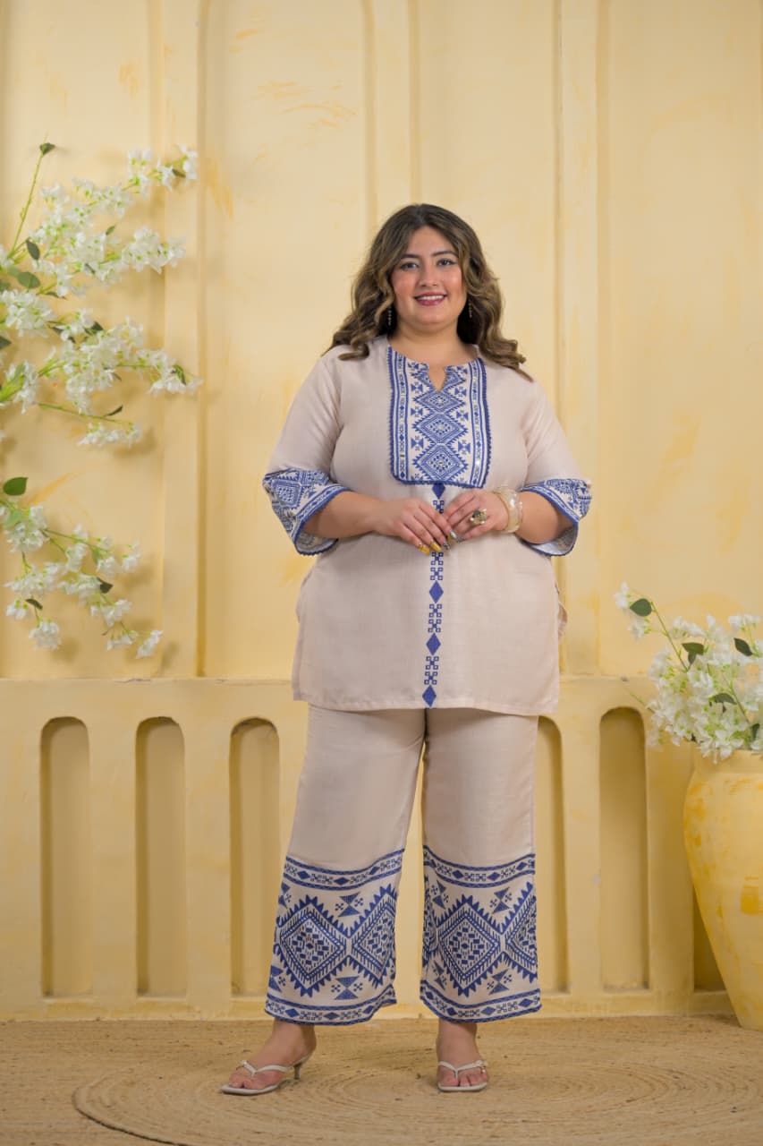 2-Piece Embroidered Cotton Tunic & Palazzo Co-Ord Set