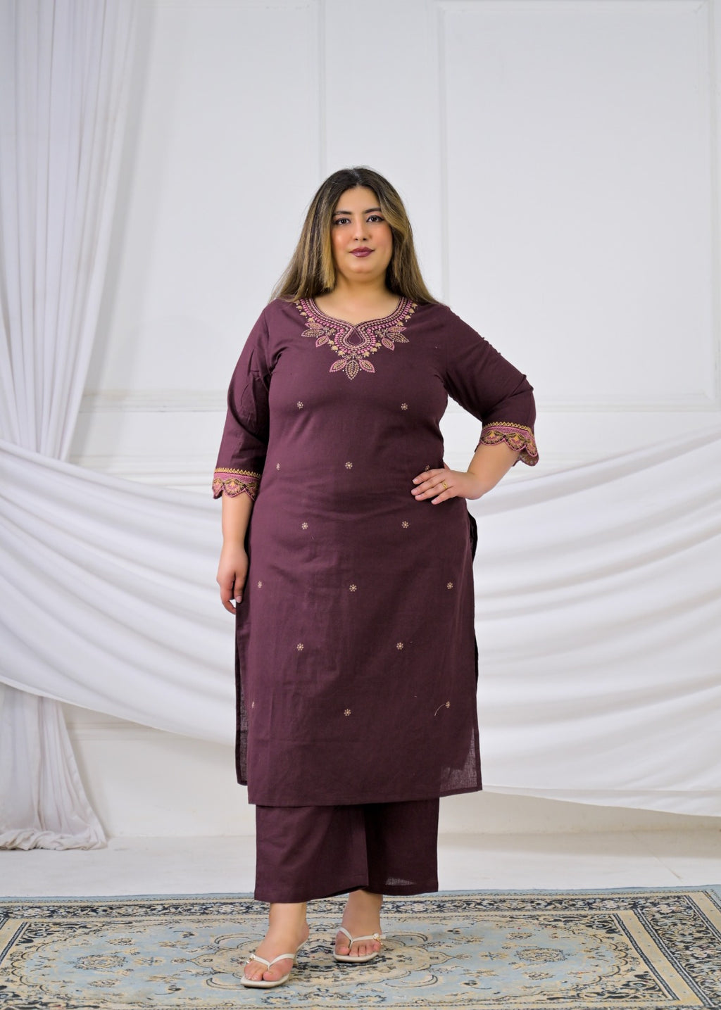 Embroidered Cotton Flex Sweetheart Neck Kurta & Pant Set